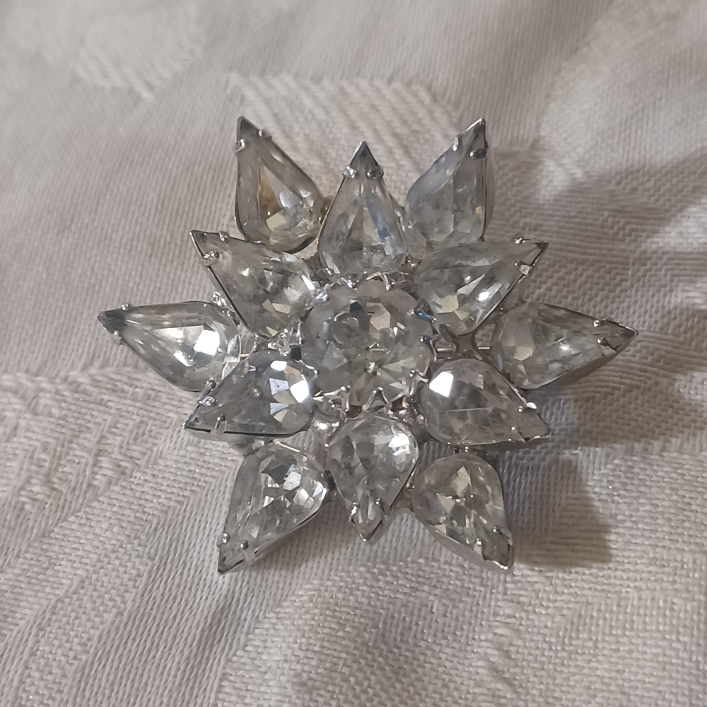 Vintage Christian Dior by Kramer Rhinestone Flower Brooch in Silver Tone